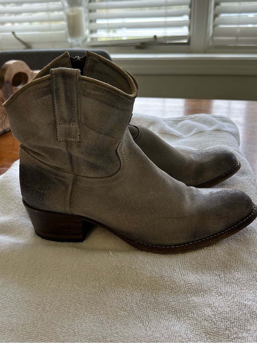Frye distressed gray Suede Ankle Booties size 8